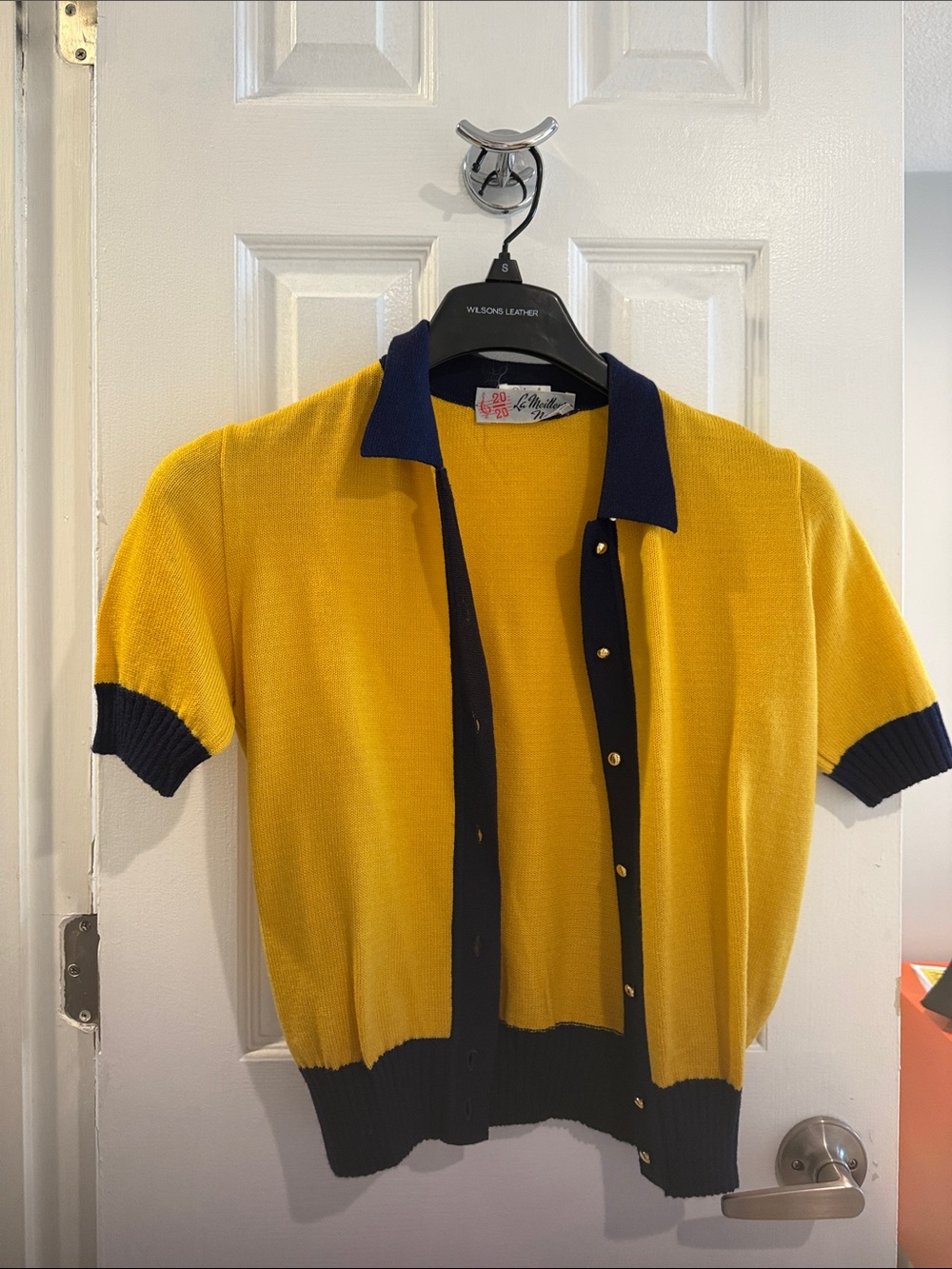 Vintage Yellow & Navy Short Sleeve Button Cardigan